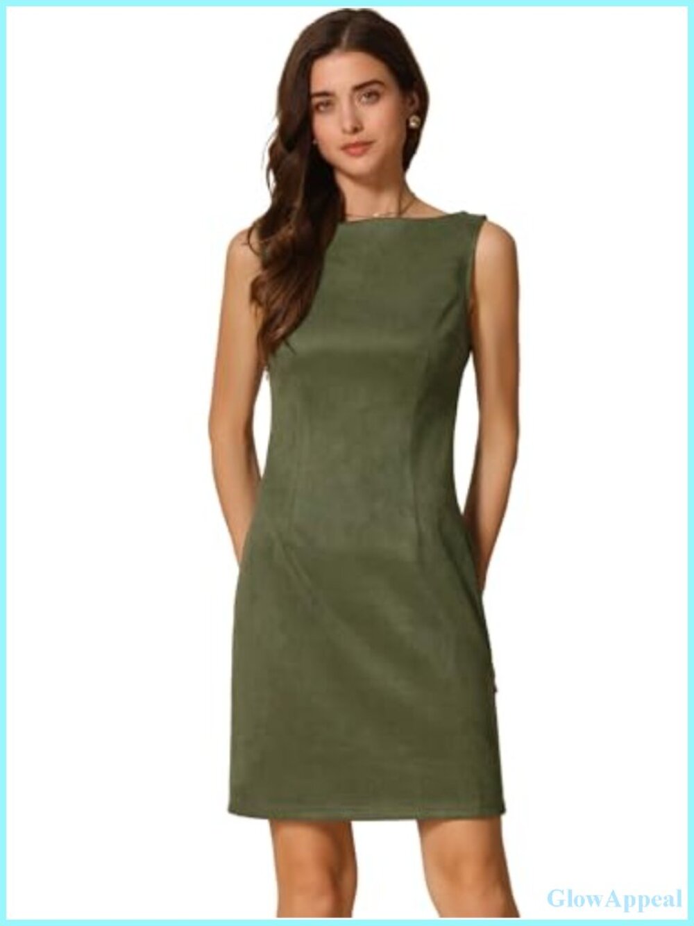 Faux Suede Sheath Dress Sleeveless Boat Neck Knee Length